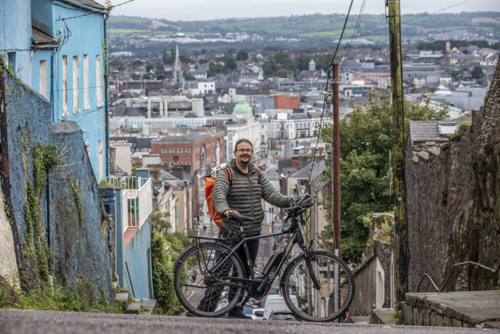 Mats Hedberg of Cork at the top of Patrick's Hill in Cork with his electric bicycle.