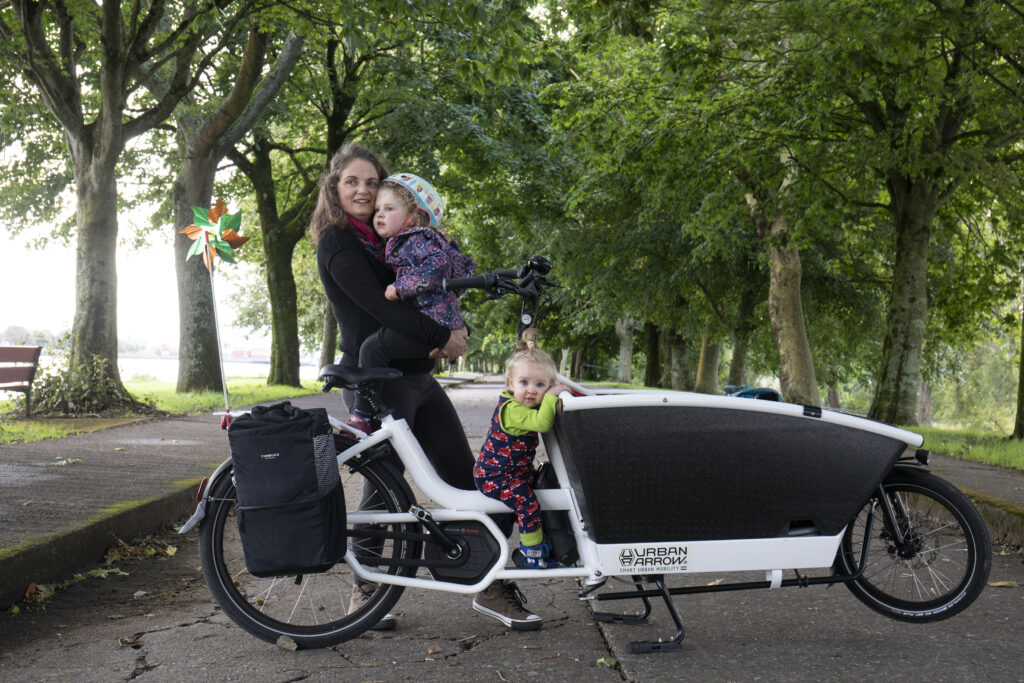 Orla Burke of Cork with her children and electric cargo bicycle.